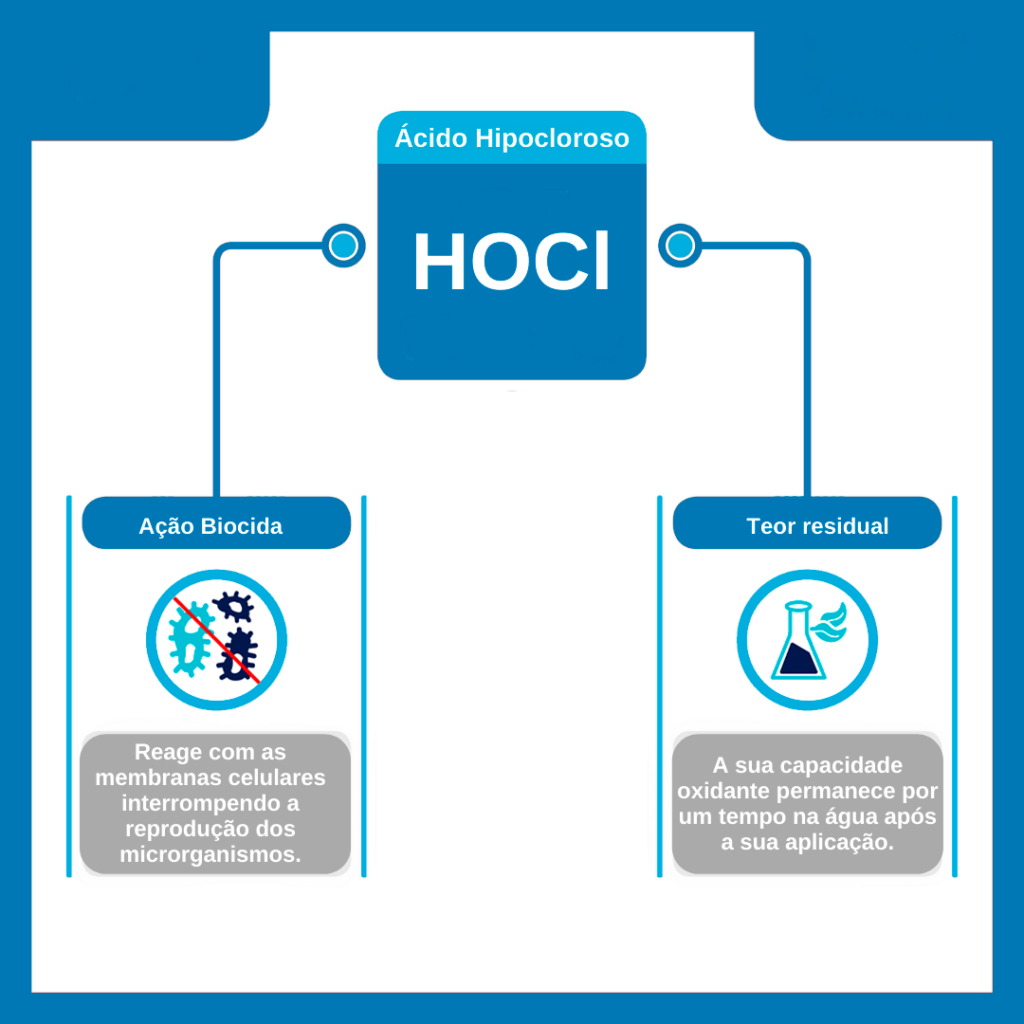 Infográfico sobre as atividades do Ácido Hipocloroso nos sistemas de água para consumo humano. Fonte: MICROAMBIENTAL.