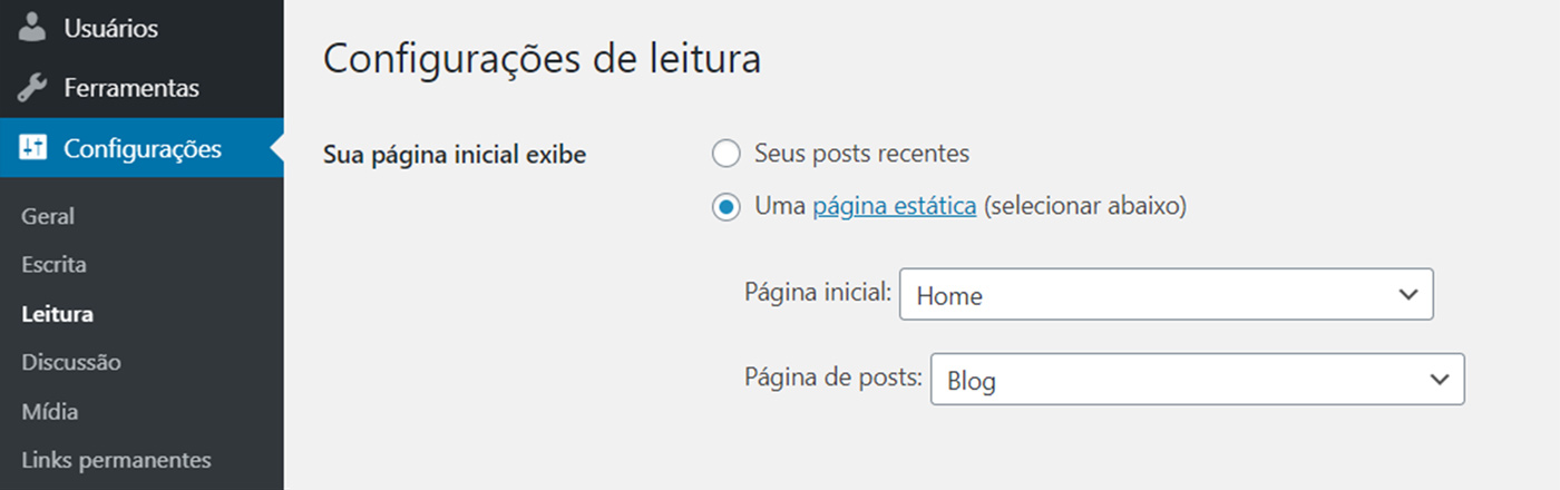Selecionando uma página personalizada para ser usada como página inicial no WordPress